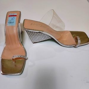 Betsey Johnson Womens Polly Silver Embellished Toe Loop Wedges Shoes NWT